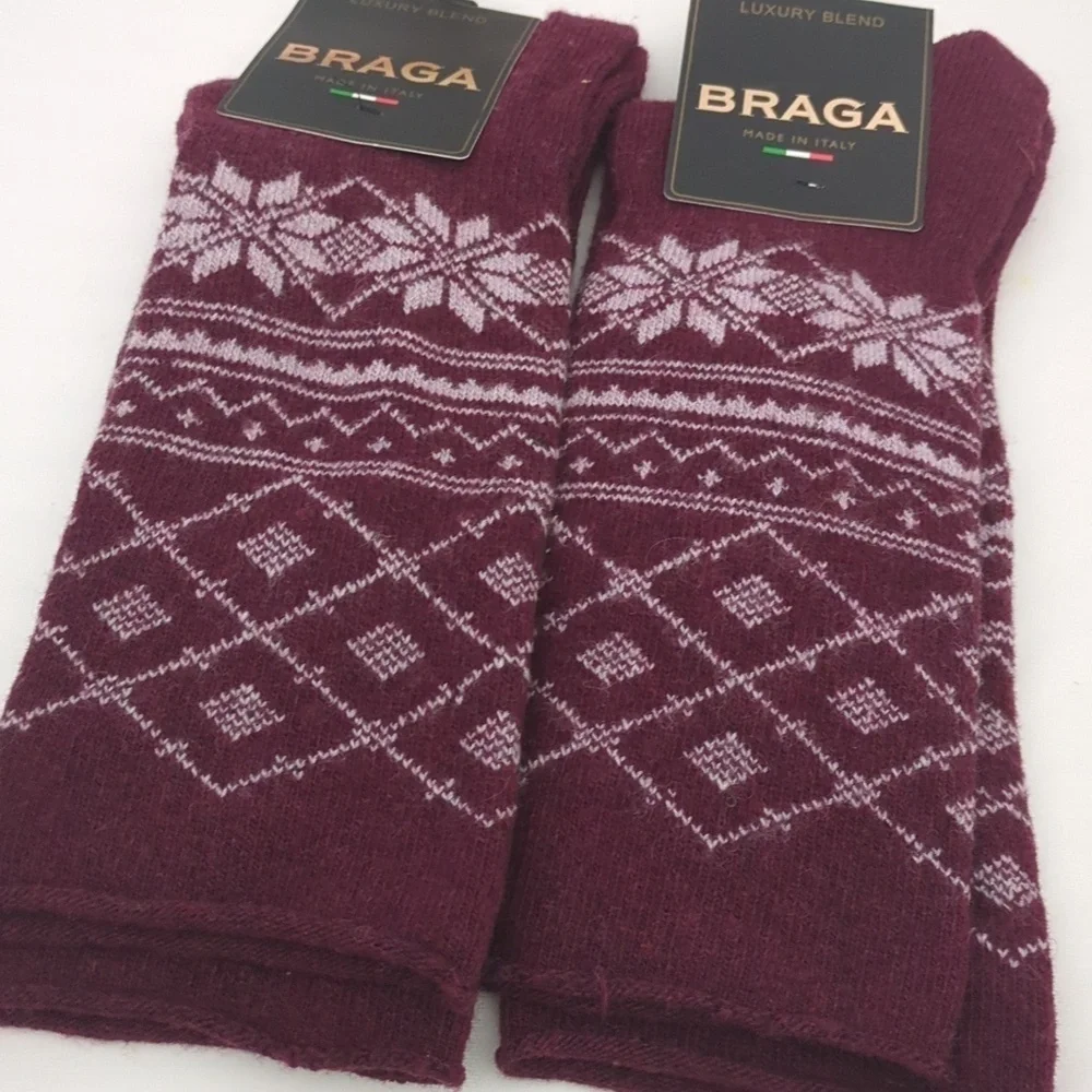 Braga Burgundy & White Merino Wool Cashmere Blend Winter Made In Italy Socks